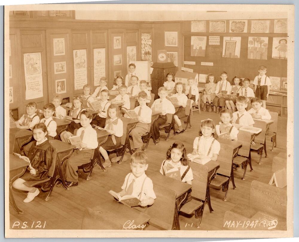 1947 School Class Photo P S 121 Children Students Classroom Vintage Holding Book